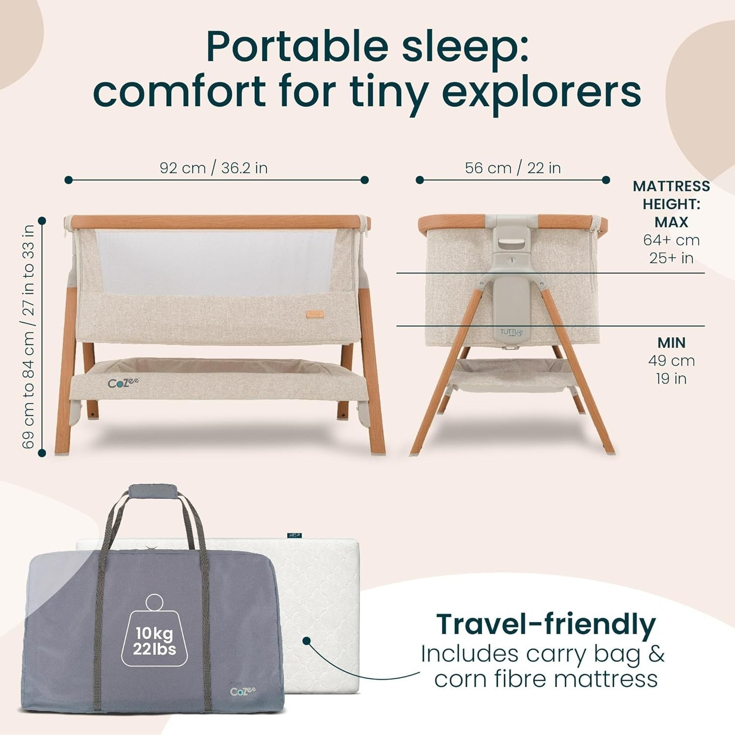 Foldable Baby Bedside Crib Co-Sleeper Cot with Mattress Travel Bag Bundle Walnut