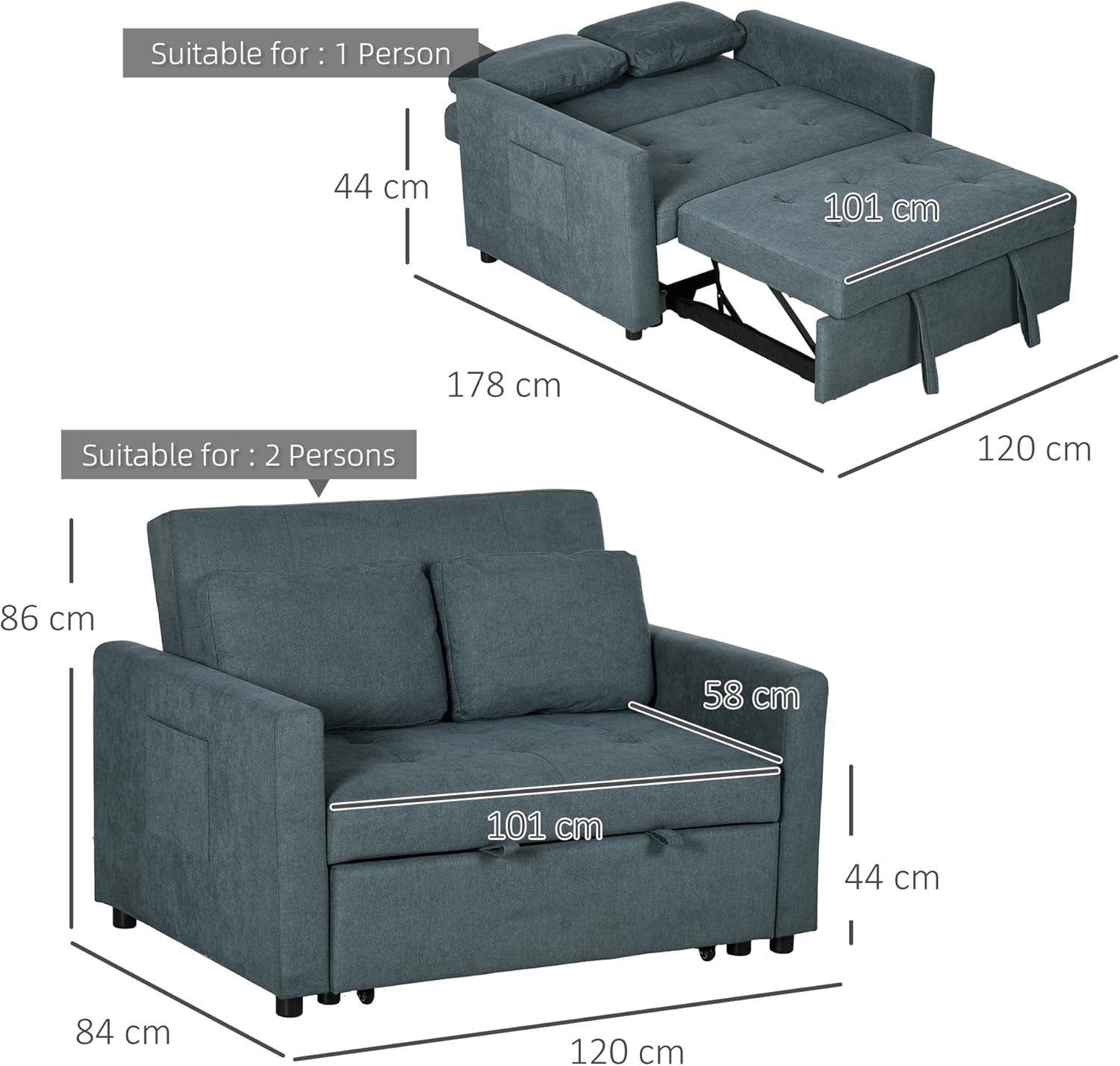2 Seater Sofa Bed Grey – Pull Out Guest Bed with Storage & Cushions
