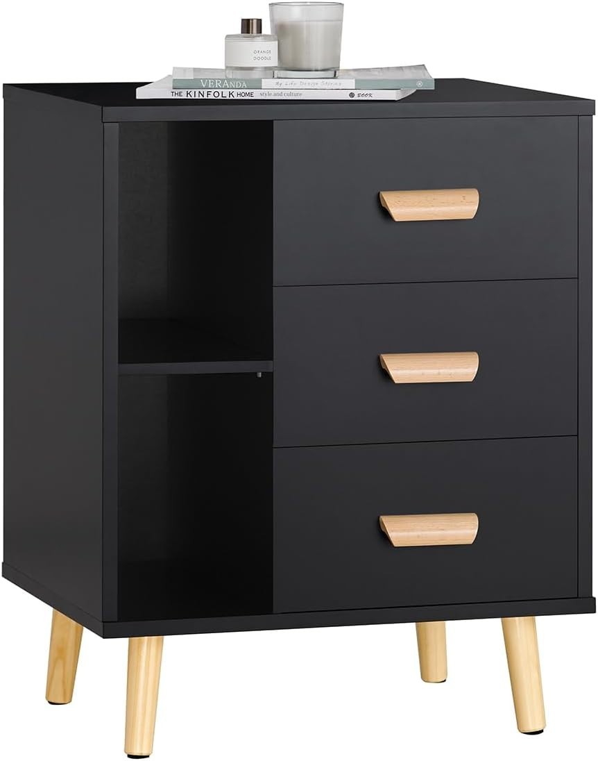 Modern Black 3 Drawer Bedside Table with Shelves – Wooden Storage Cabinet
