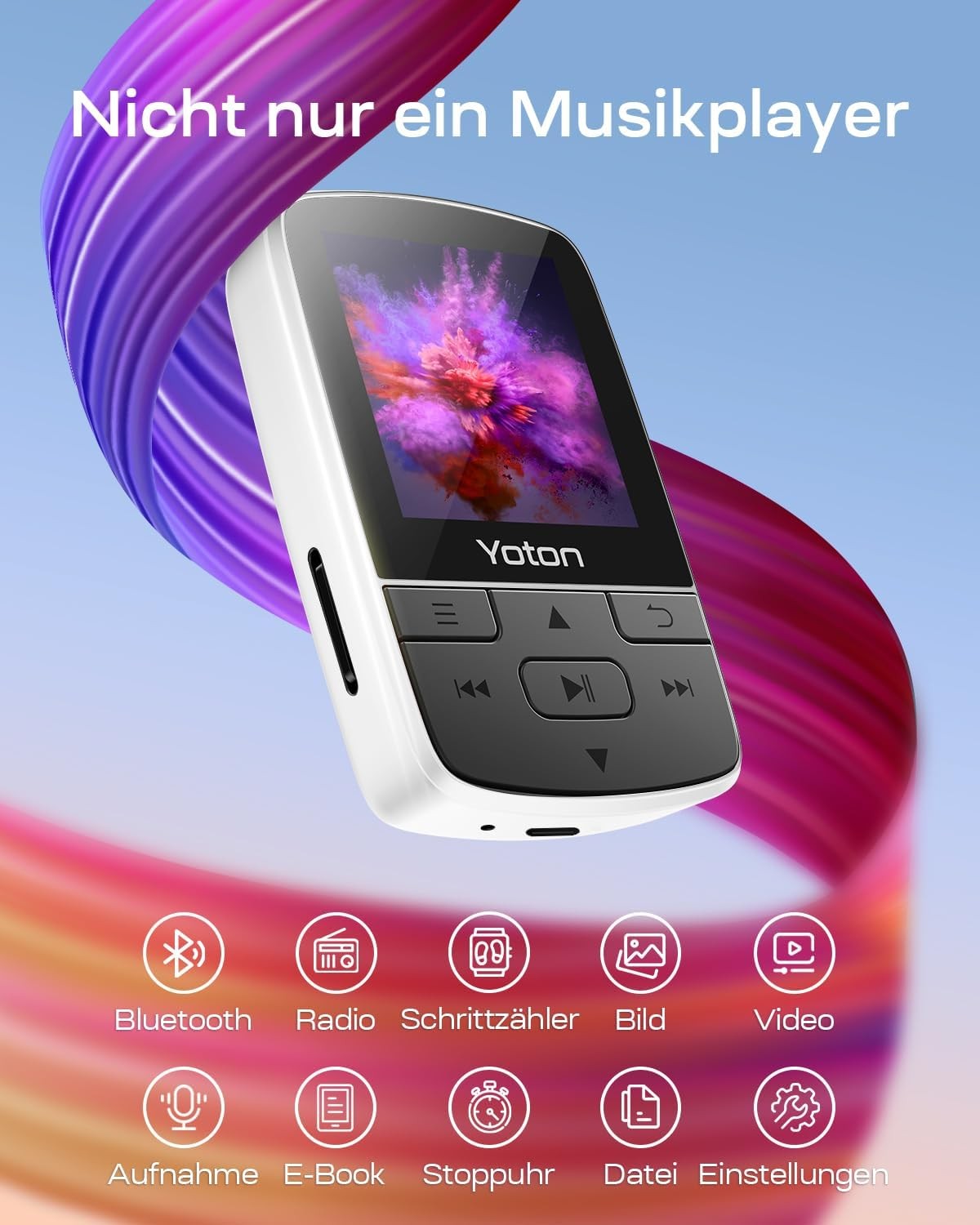 64GB Bluetooth 5.2 MP3 Player with Sports Clip & Headphones – White