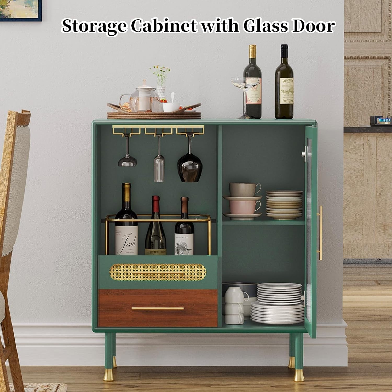 Green Drinks Cabinet with Wine Glass Racks & 2 Drawers – Modern Home Bar Storage