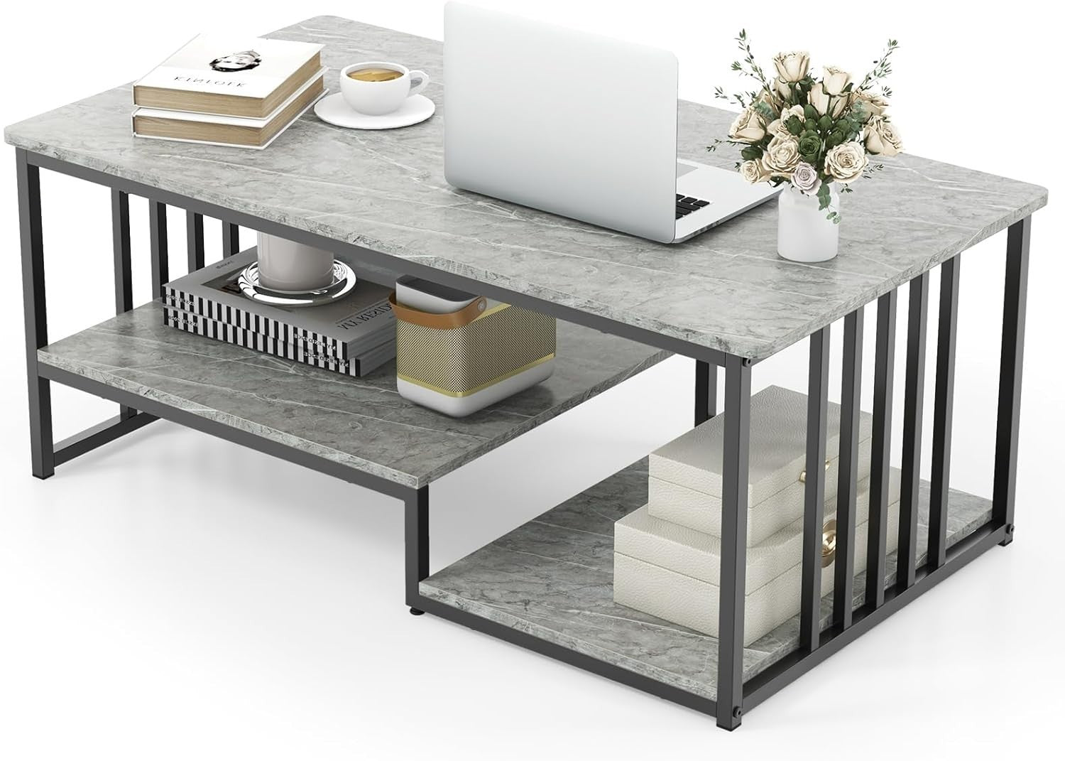 Modern Faux Marble Coffee Table 2-Tier Storage Shelf Rectangular Living Room