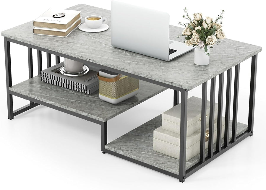 Modern Faux Marble Coffee Table 2-Tier Storage Shelf Rectangular Living Room