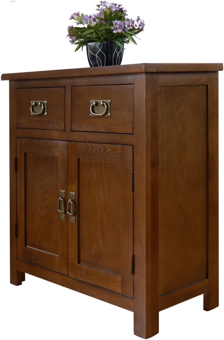 Compact Solid Oak Sideboard Cabinet 2 Doors 2 Drawers Dining Storage