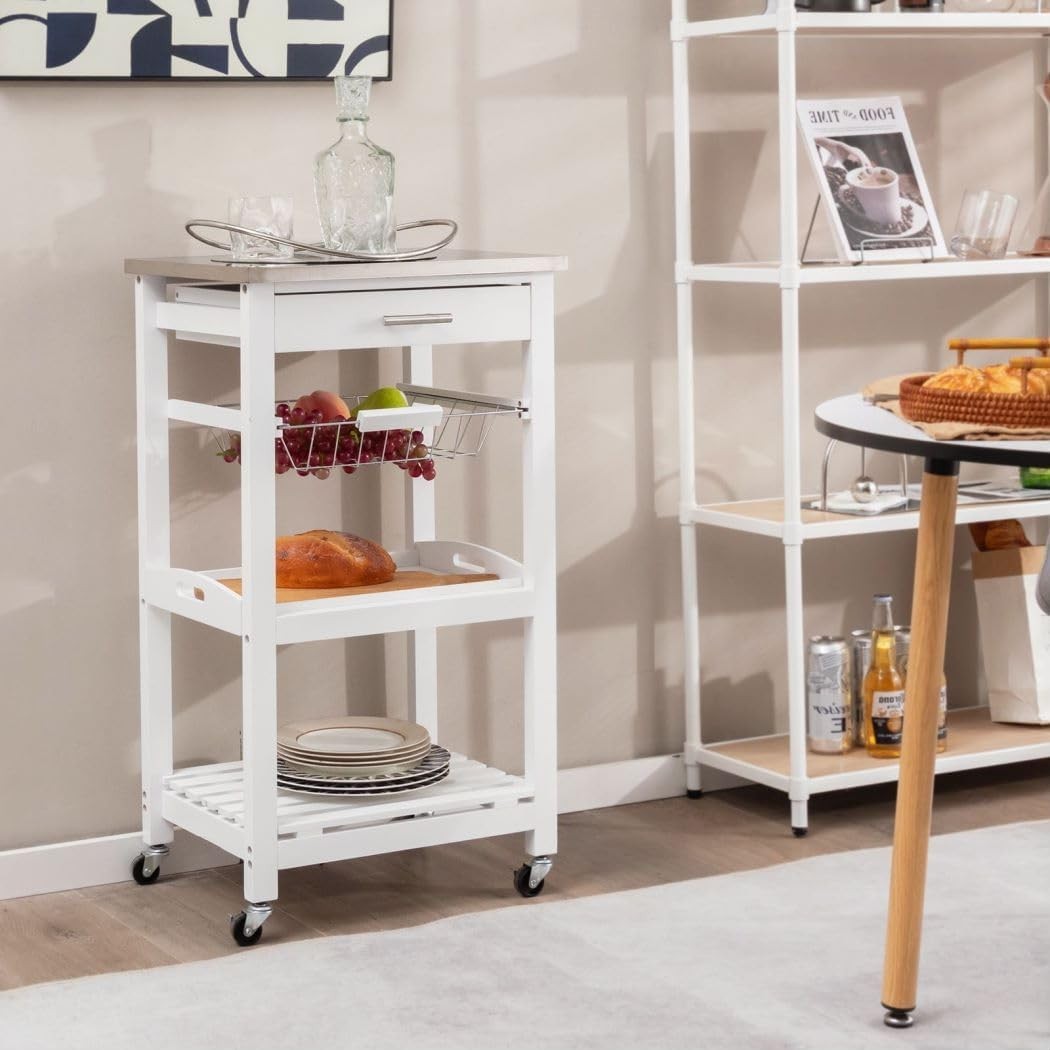 4 Tier Kitchen Trolley Stainless Steel Top Cart White