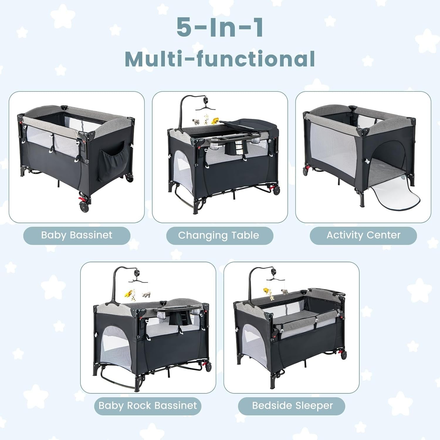 5in1 Baby Travel Cot Bedside Crib Bassinet w/ Mattress Changer Music Toys Black