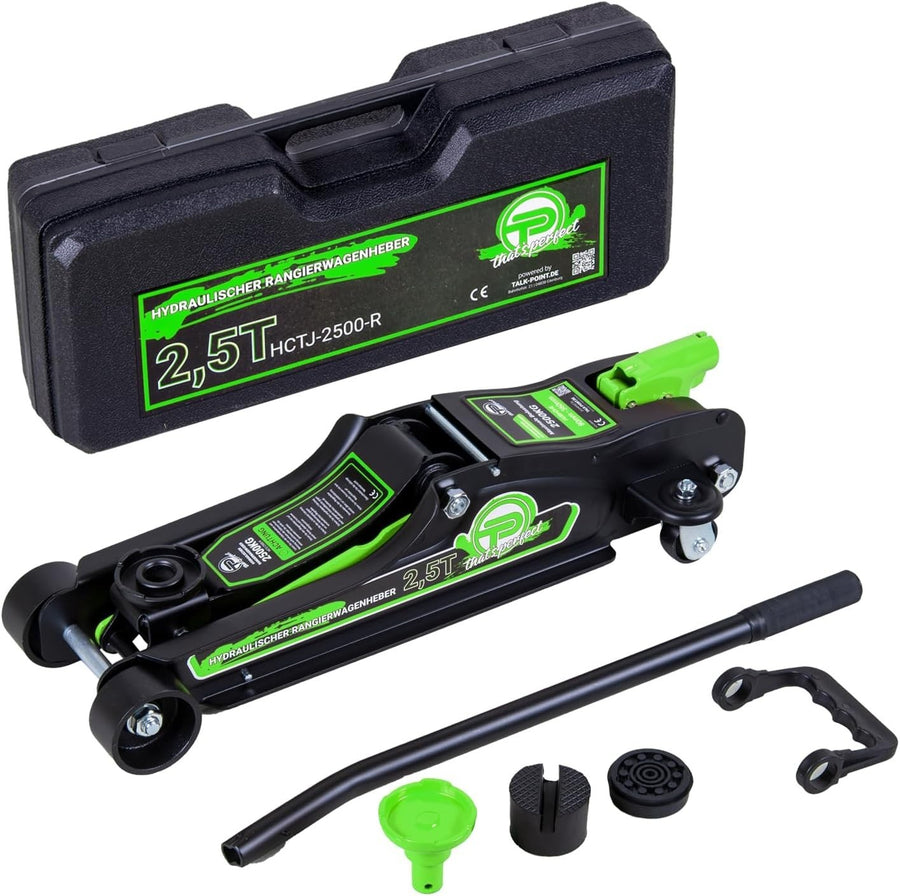 2.5 Ton Low Profile Trolley Jack 80–360mm w/ Case, SUV Adapter Rubber Pads Green