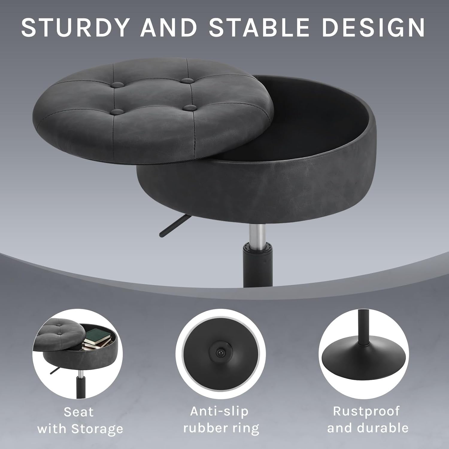 Anthracite Swivel Vanity Stool with Storage Adjustable Faux Leather Seat