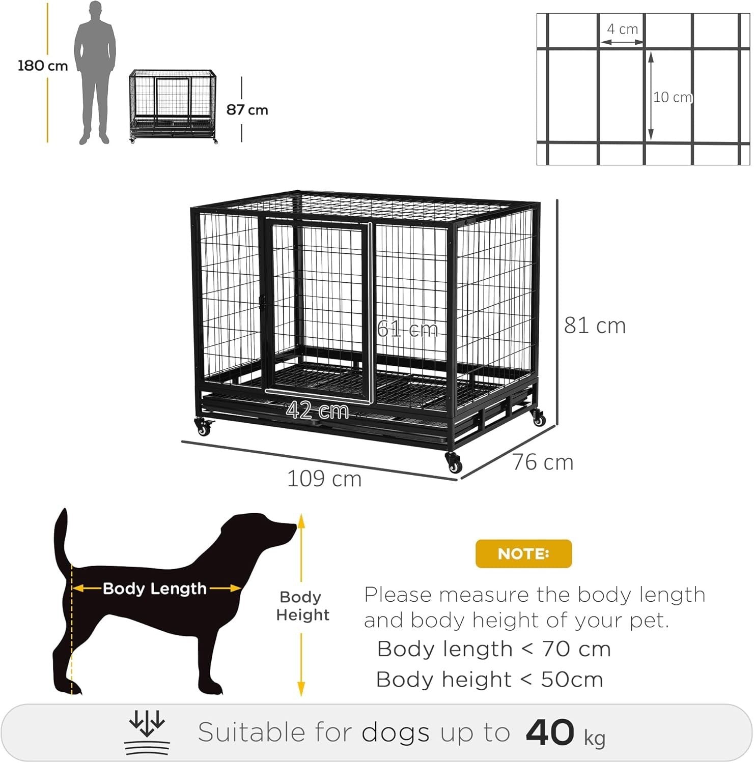 Heavy Duty Metal Dog Crate 43" Large Kennel Cage with Wheels & Tray Black