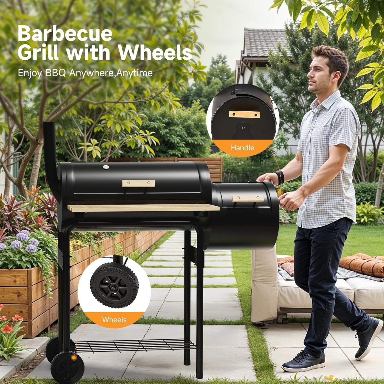 Barrel Charcoal BBQ Grill with Offset Smoker & Thermometer – 2-in-1 Outdoor