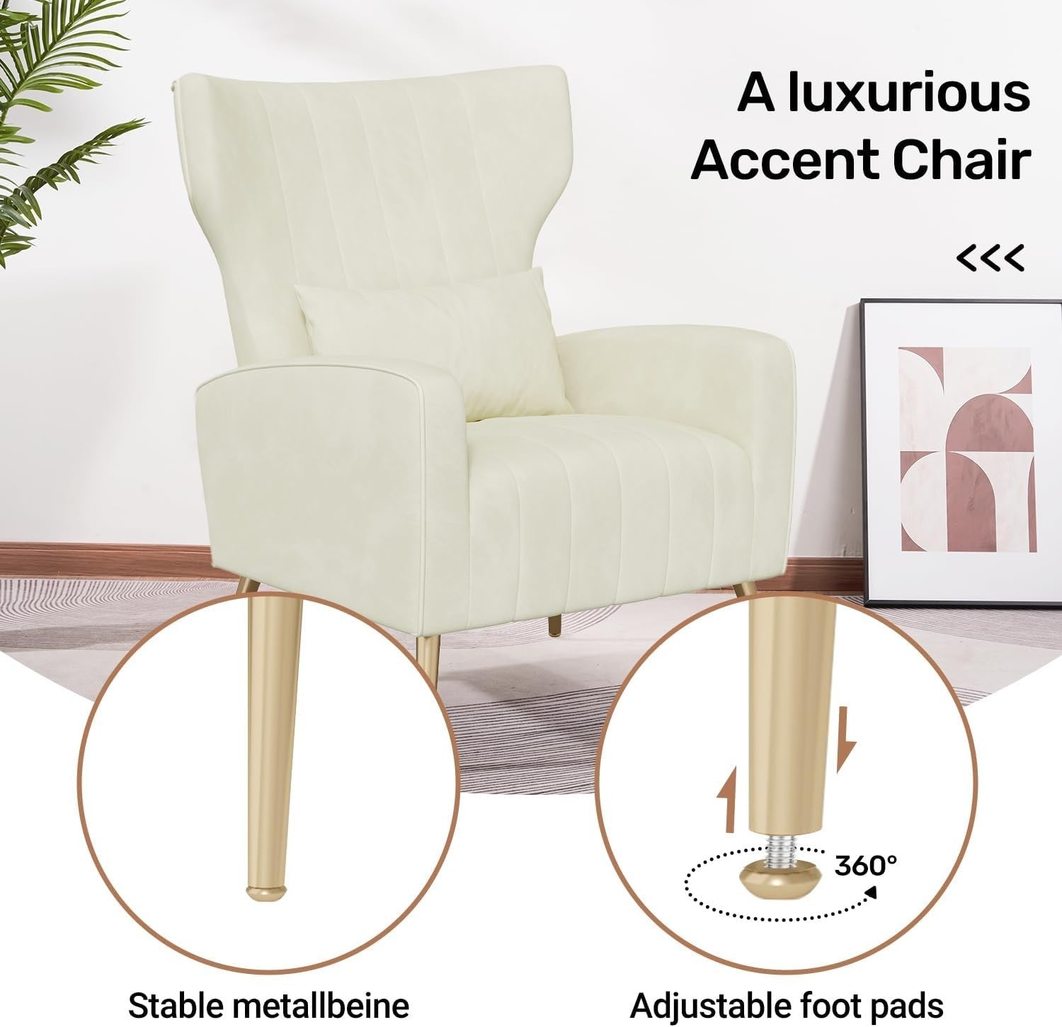 2x Beige Velvet Recliner Armchairs with Cushions & Gold Legs Lounge Set