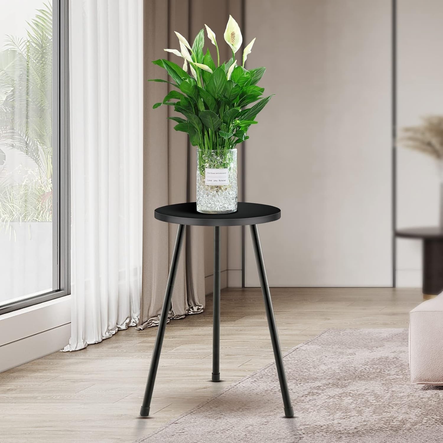 Tall Black Metal Plant Stand Indoor Round Wood Table for Flower Pots Modern Deco