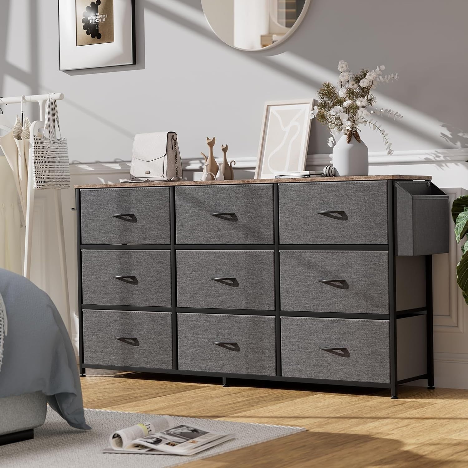 9-Drawer Fabric Dresser with Built-In Power Sockets TV Stand Storage
