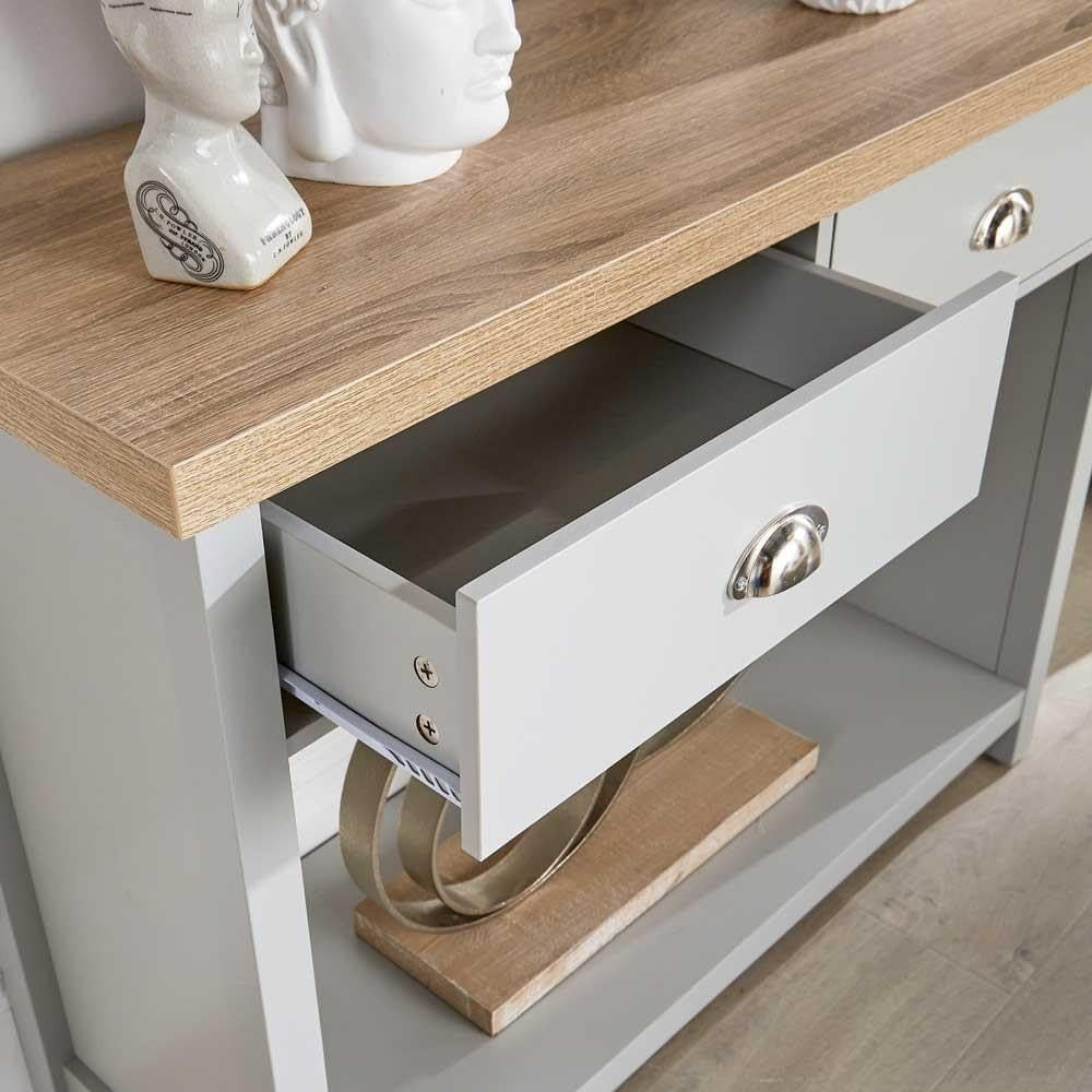 Grey Console Table with 2 Drawers & Shelf – Hallway Sideboard 72cm Oak Top