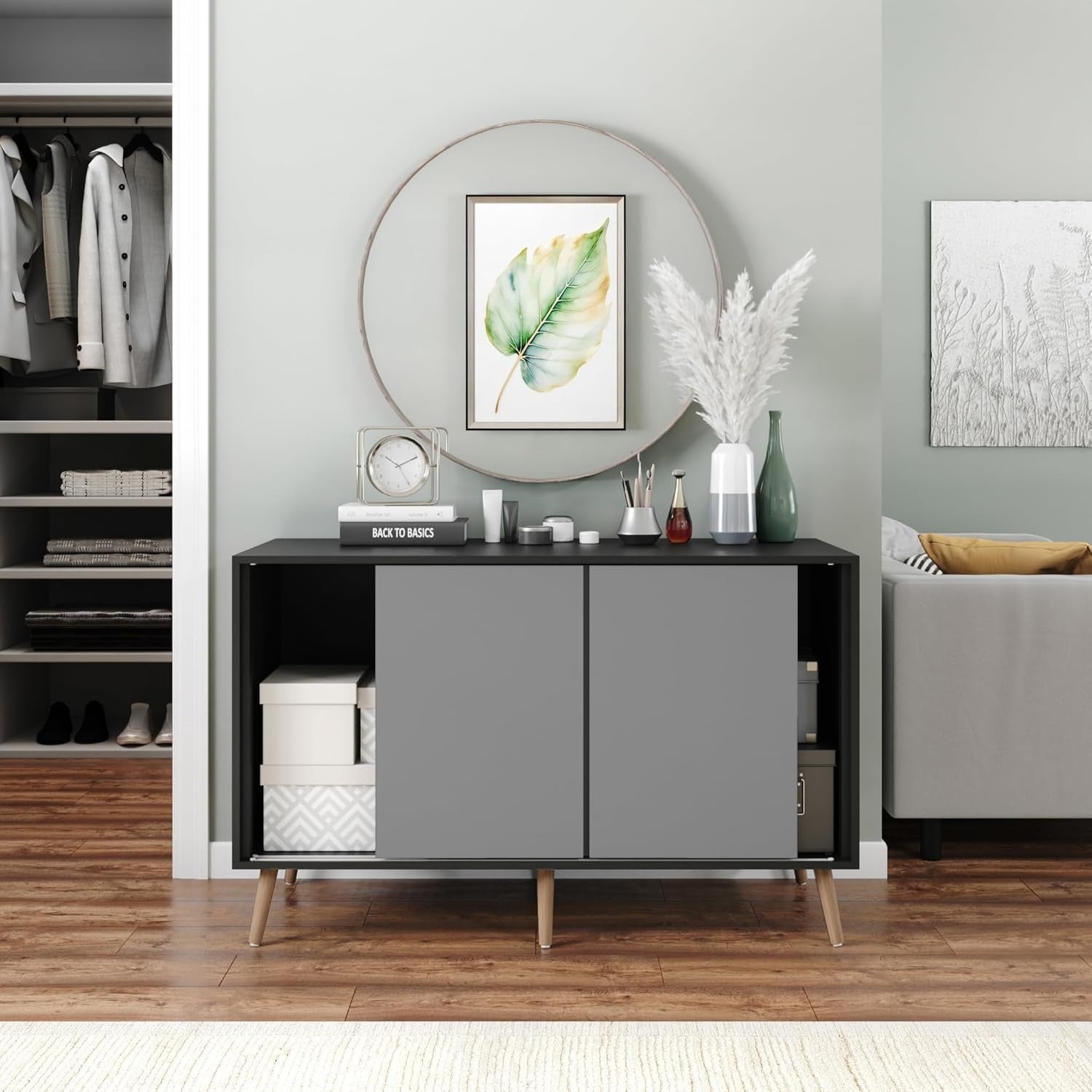 120cm Sliding Door Sideboard Cabinet with Pine Legs, Modern Storage Unit