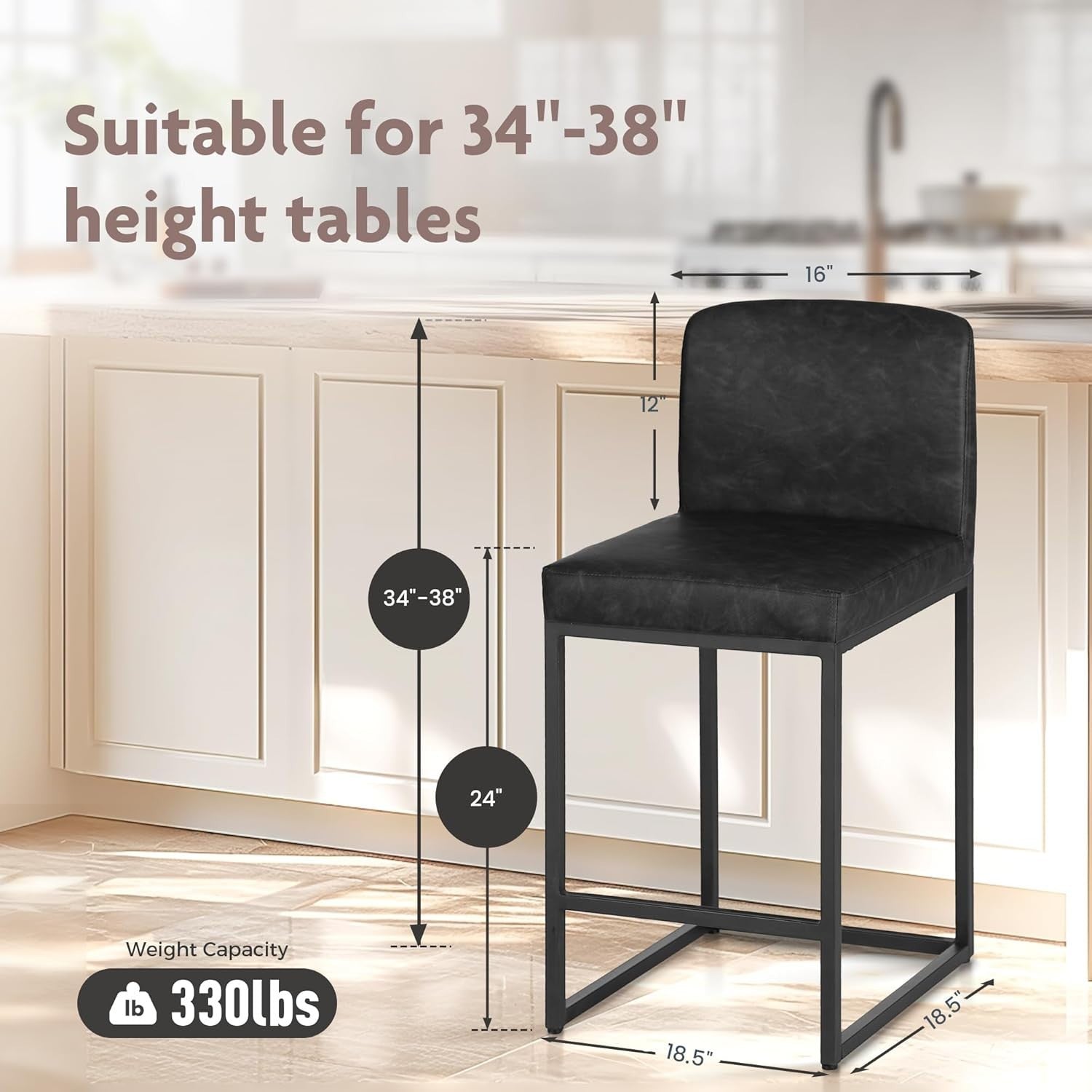 Black PU Leather Bar Stool Set of 2 Square Cushioned Kitchen Counter Chairs