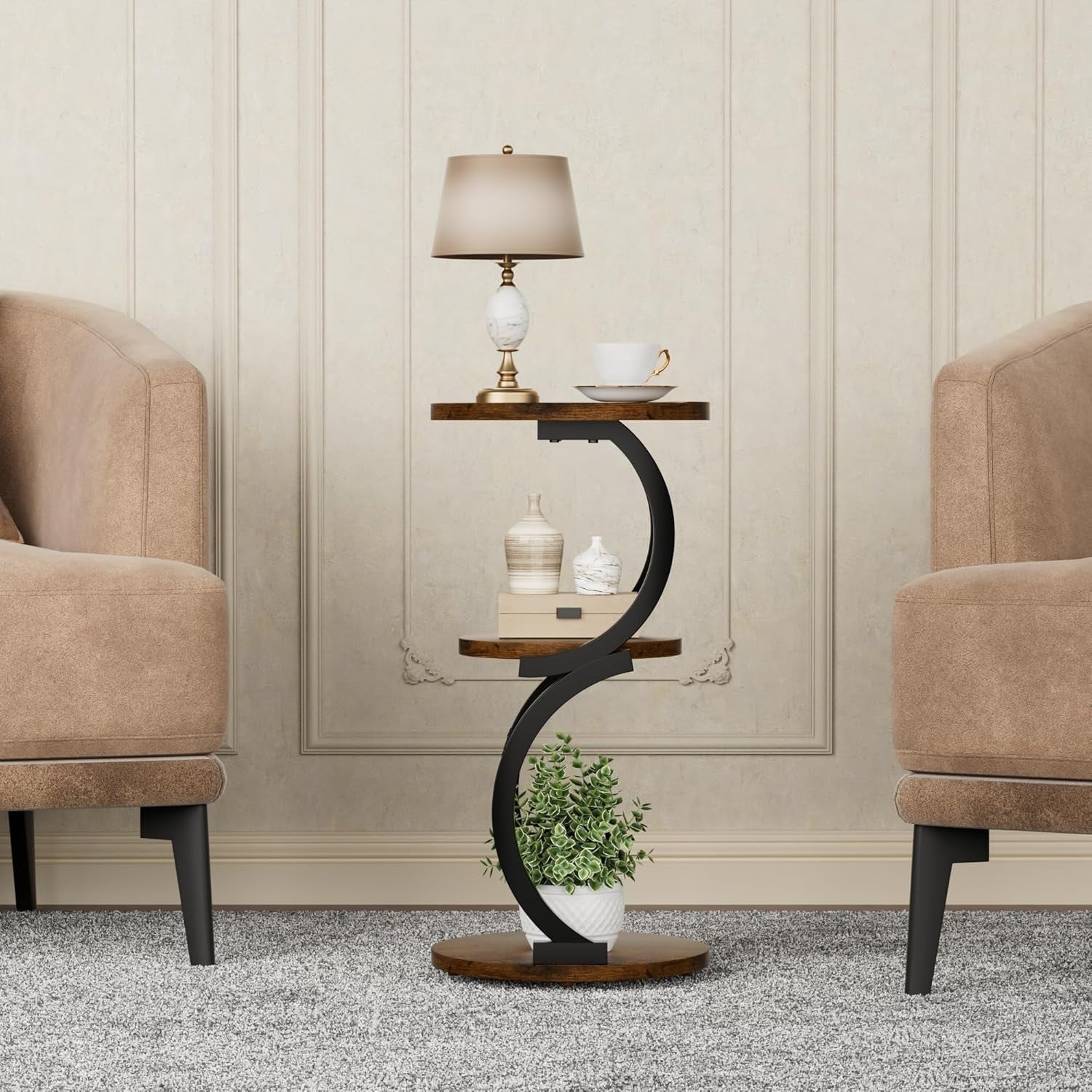 3-Tier Round Small Side Table with Storage, Rustic Brown S-Shaped End Table