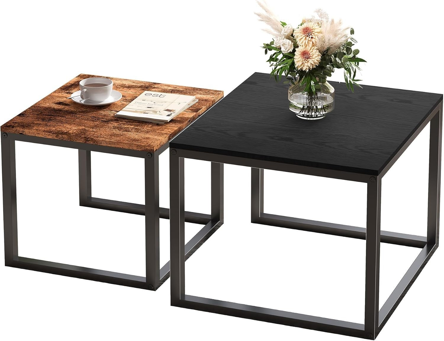 Nesting Coffee Table Set of 2 Square End Tables Black-brown Modern Living Room
