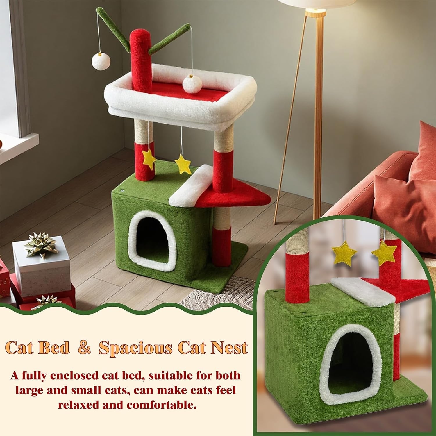 Christmas Cat Tree 81.5cm Festive Scratching Tower with Condo Toys Red Green