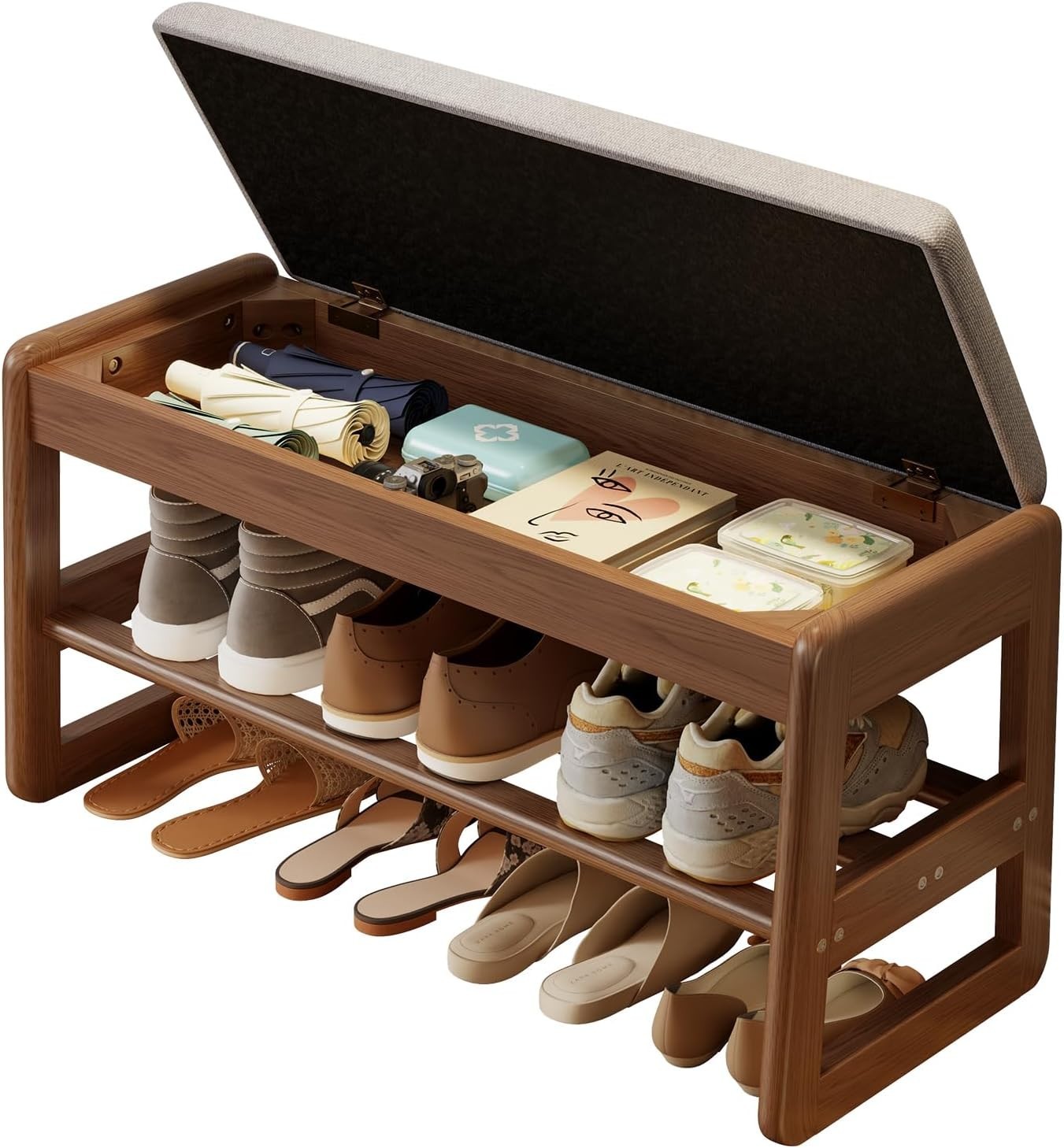 2-Tier Small Shoe Bench with Flip-Top & Linen Cushion for Entryway