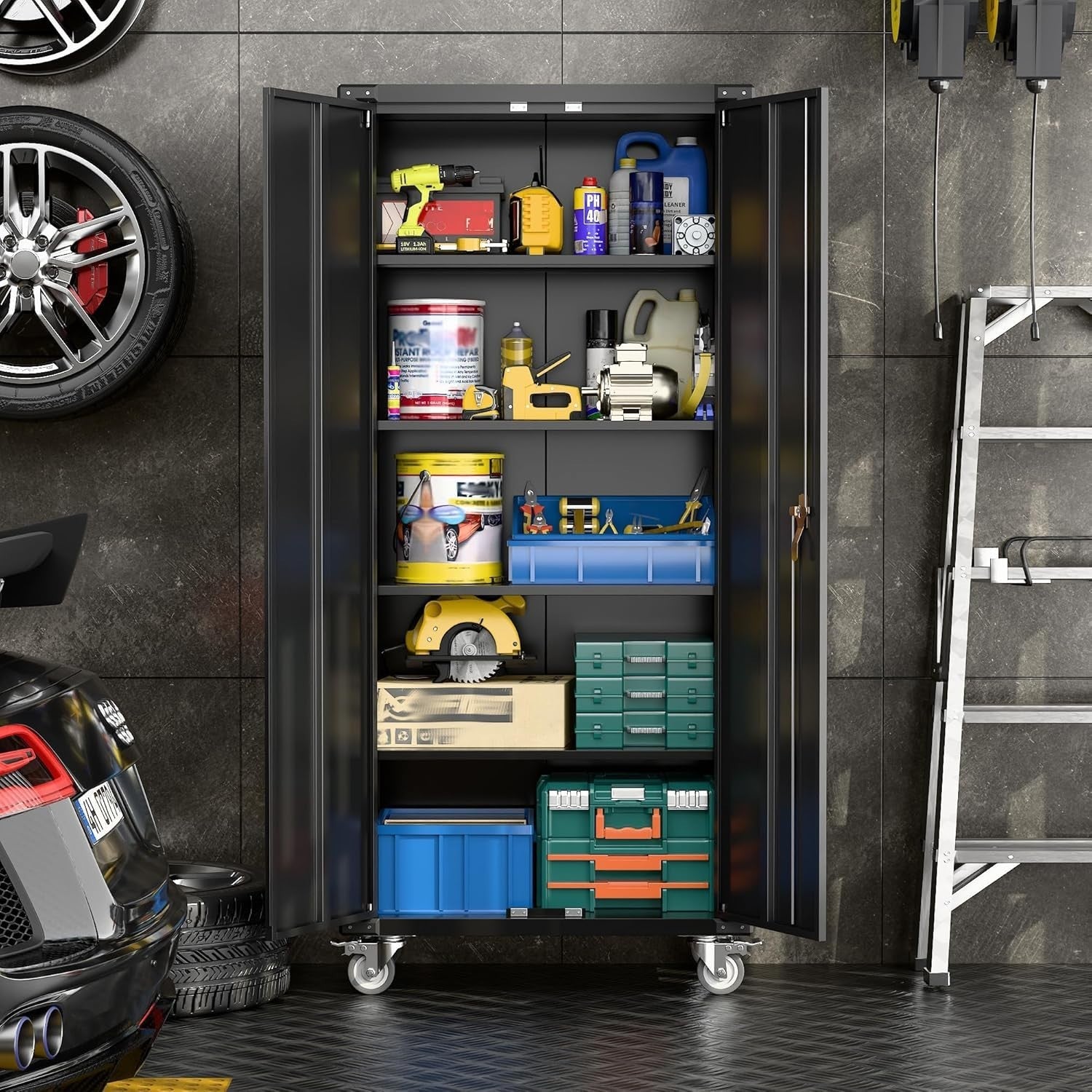 Heavy Duty 2-Door Metal Storage Cabinet with Wheels & Lock, 183cm Tall