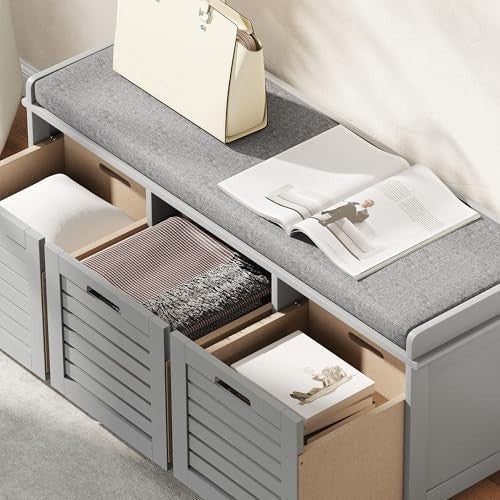 Grey Shoe Storage Bench with Cushion & 3 Drawers – Modern Hallway Seat