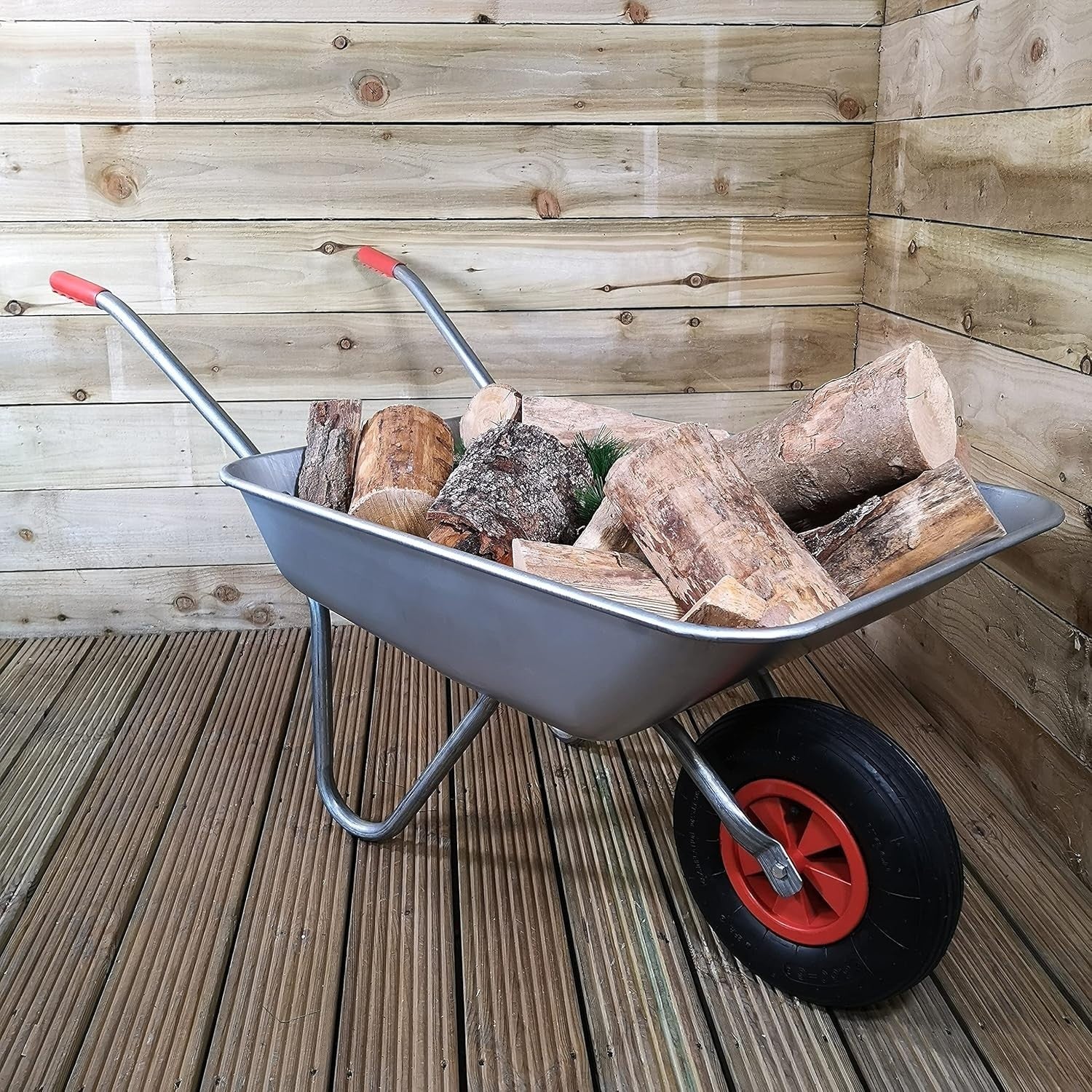 65L Galvanised Wheelbarrow – Steel Tub w/ Pneumatic Tyre & Red Grip Handles 60kg