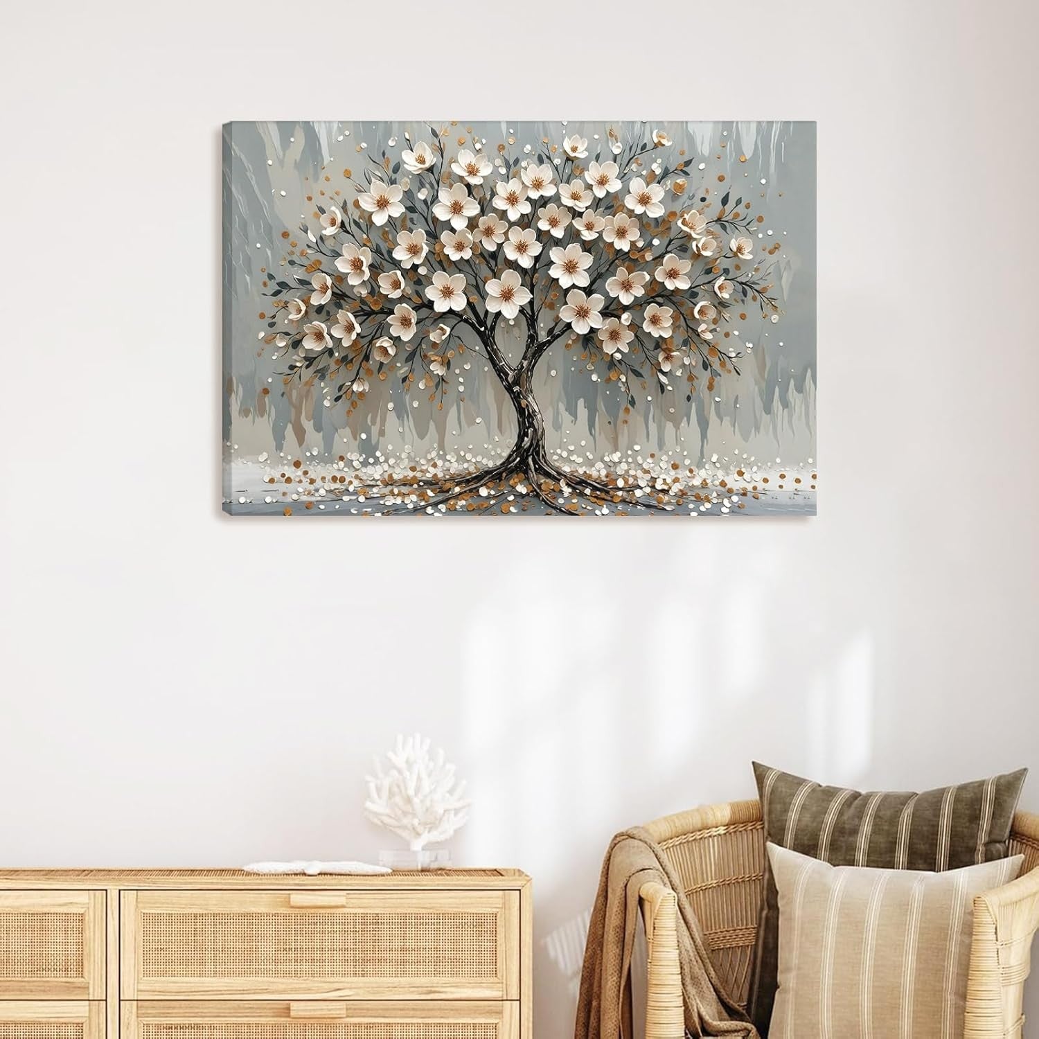 White Floral Tree Canvas Wall Art Framed Modern Living Room Decor 59x39cm
