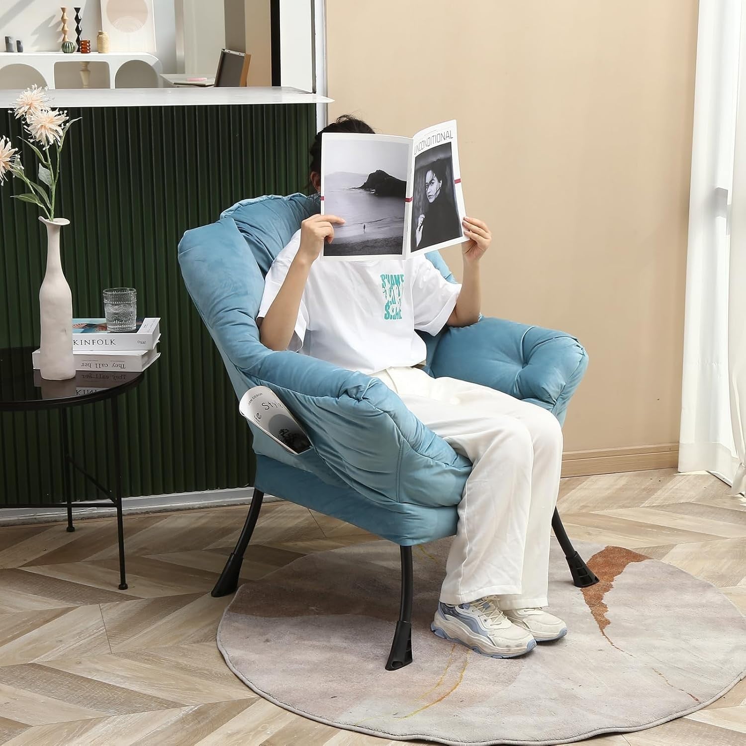 Modern Blue Accent Lounge Chair with Side Pocket | High Back Padded Sofa
