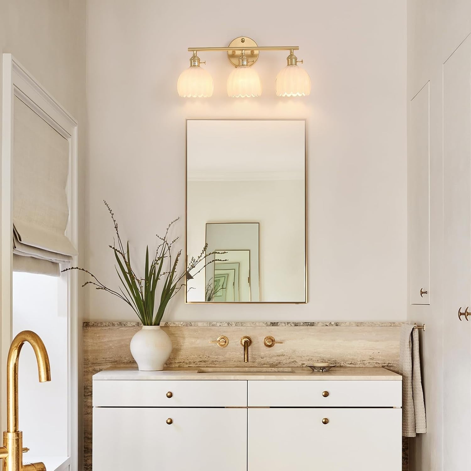 3-Light White Glass Wall Sconce Vanity Light Brass Fixture Bathroom Mirror