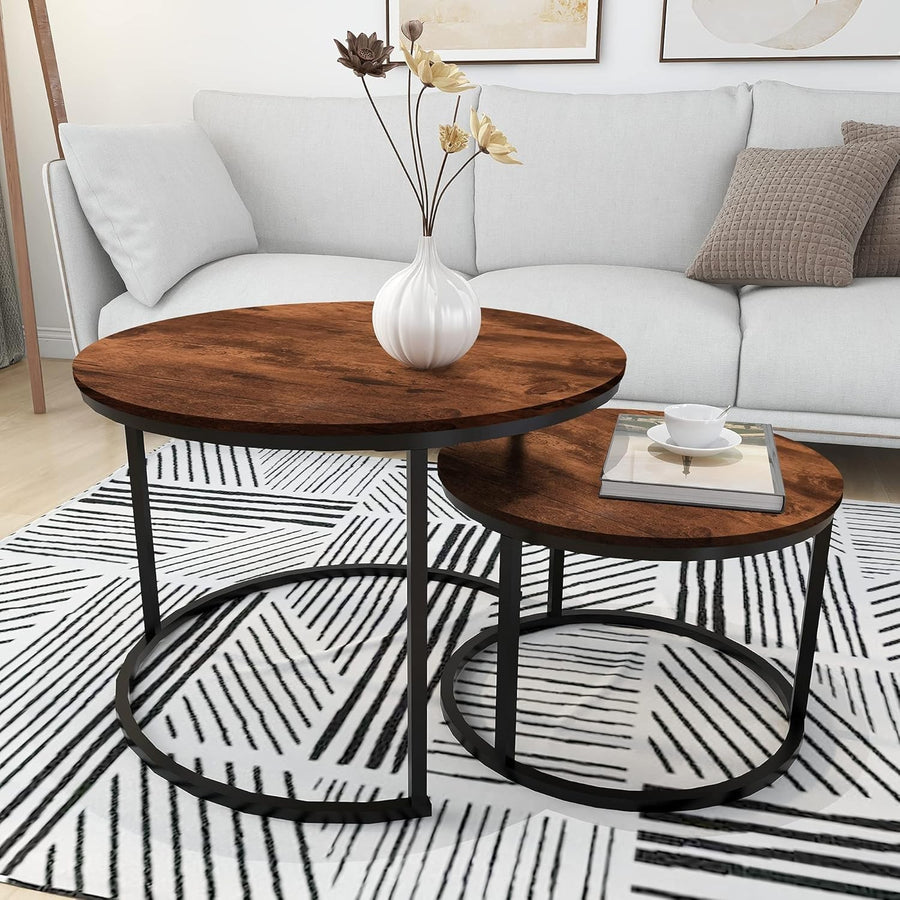 Nesting Coffee Table Set Brown Wood Round Space Saving Side End Table
