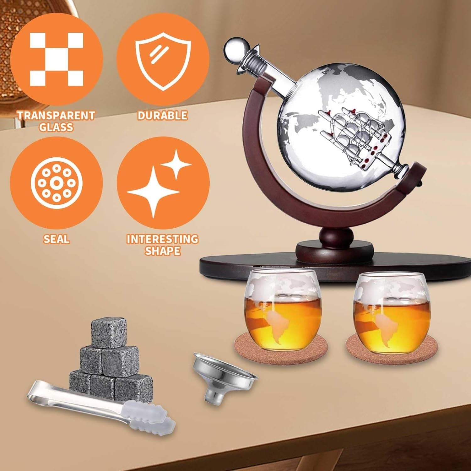 Luxury Globe Whiskey Decanter Set 800ml with Glasses & Ice Stones Gift Set