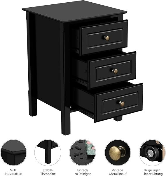 Black Bedside Tables Set of 2 | Wooden 3-Drawer Nightstands 40×40×60cm Modern