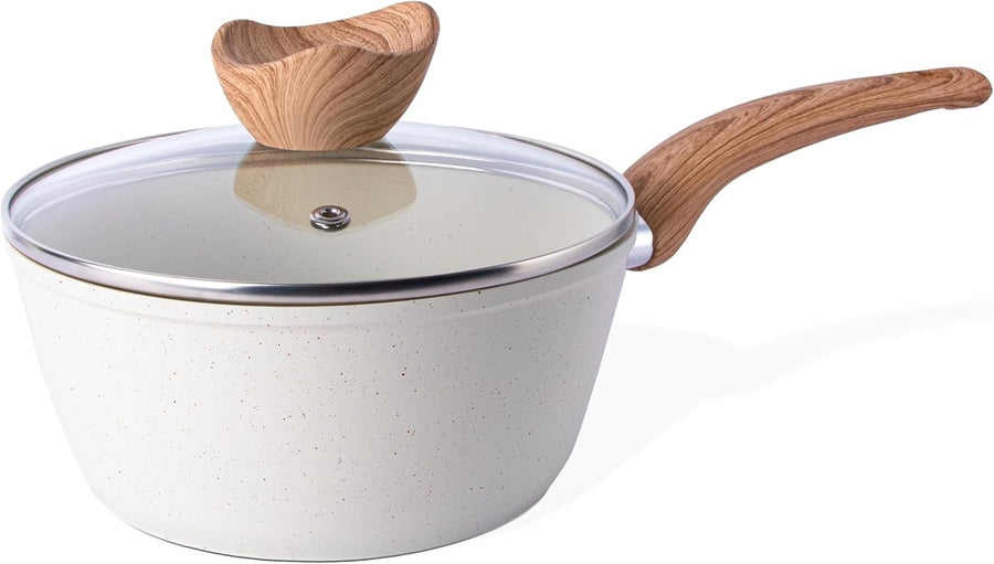 16cm Non-Stick White Saucepan with Glass Lid Induction & Gas Ready