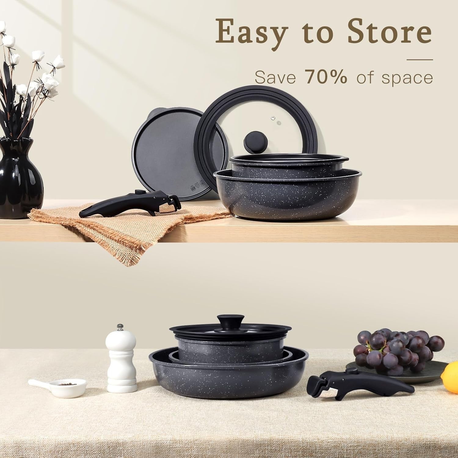 8pcs Grey Plus Ceramic Non Stick Induction Cookware Set with Detachable Handle