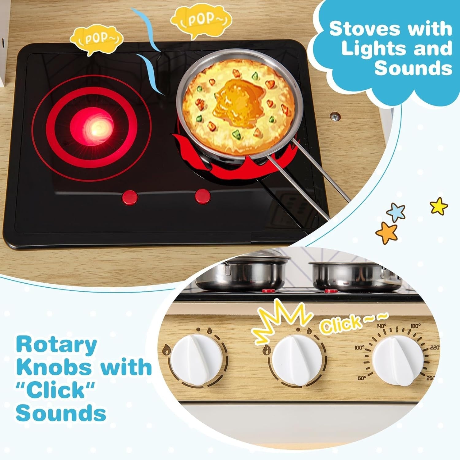 Wooden Kids Play Kitchen Lights Sounds Oven Microwave White Grey