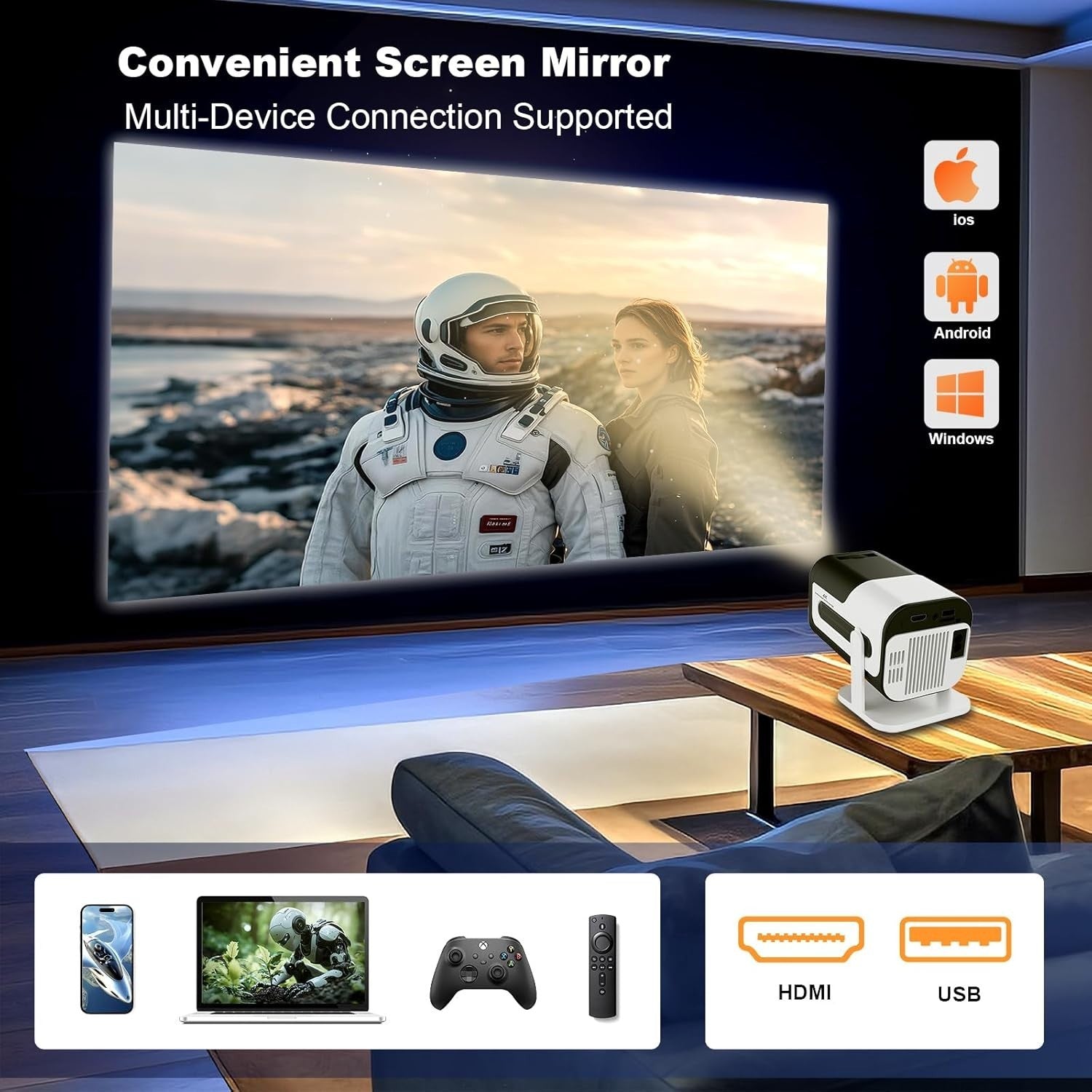 Mini Smart Projector 4K 1080P WiFi 6 Bluetooth 180° Auto Keystone