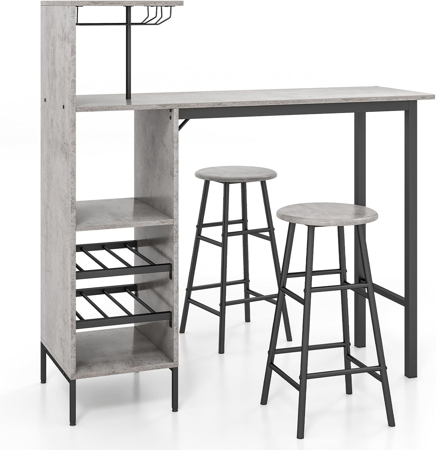 3-Piece Bar Table Set Wine Rack, Glass Holders & Open Shelves, Brown Industrial