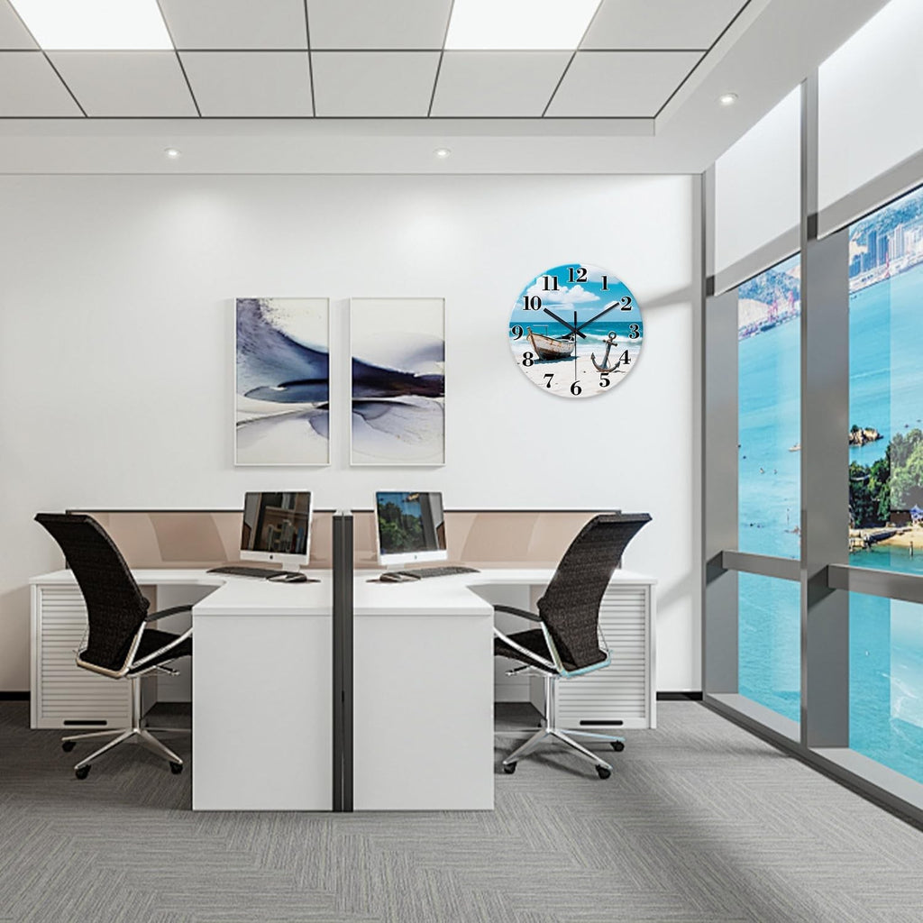 12" Coastal Beach Wall Clock Silent Non-Ticking Blue Ocean Boat Decor