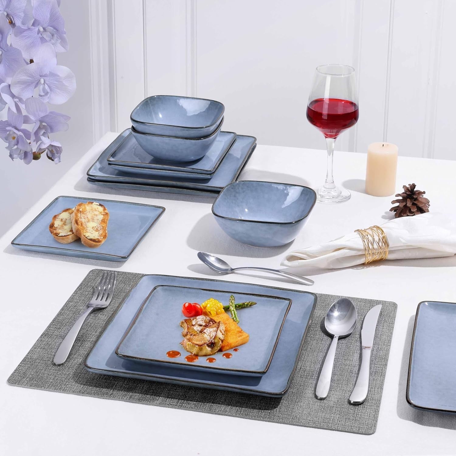 12pc Square Stoneware Dinner Set Plates Bowls Microwave Dishwasher Safe Blue