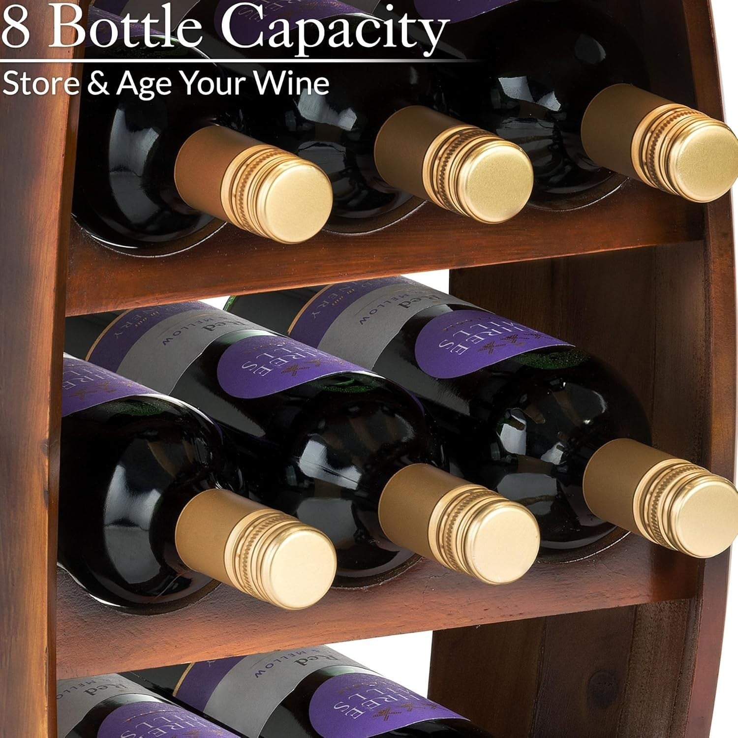 Rustic Wooden Wine Barrel Rack 8 Bottle Holder Free Standing Home Bar Storage