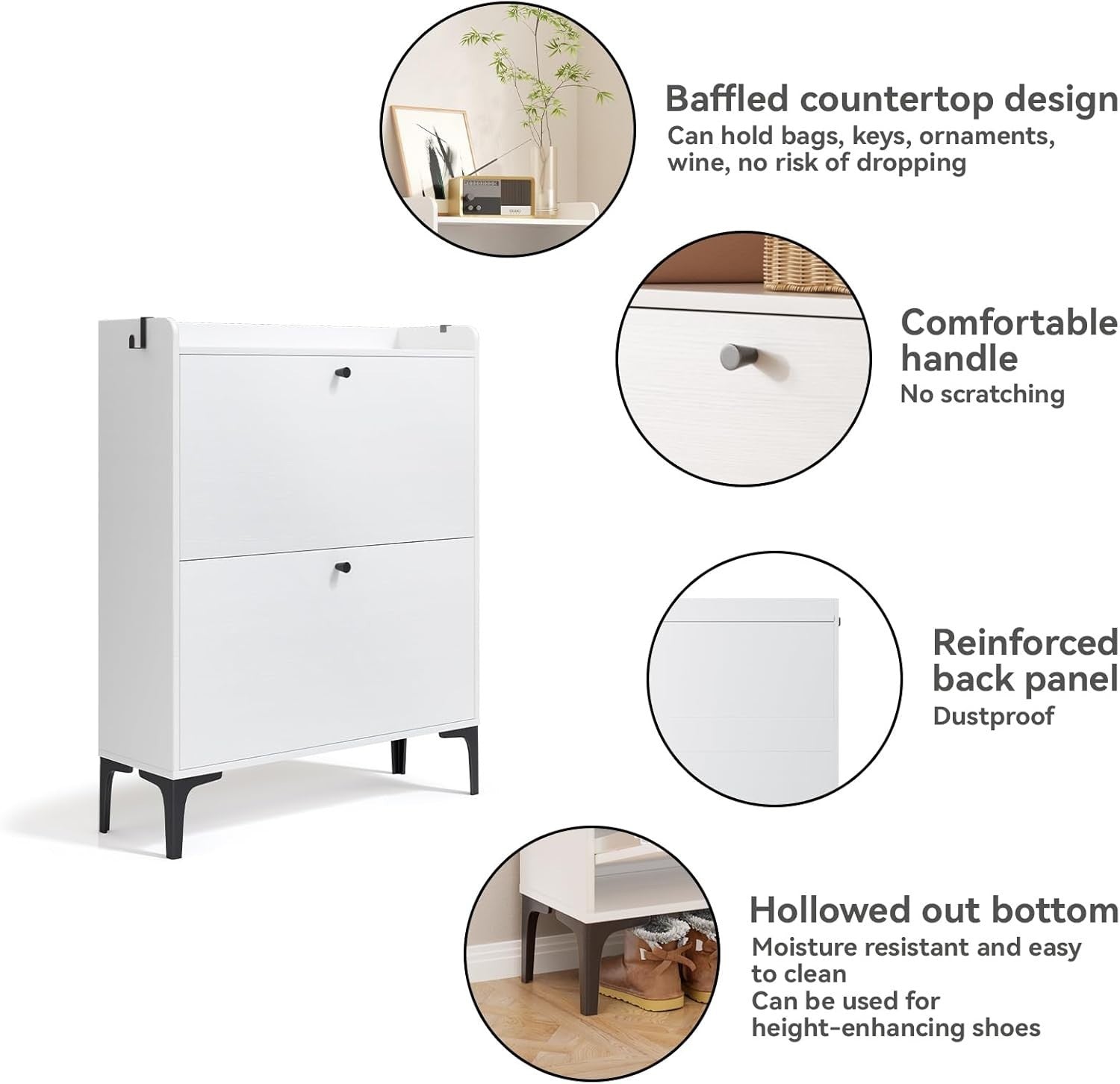 Modern White Shoe Cabinet with Flip Drawers & Adjustable Dividers 80x24x100cm