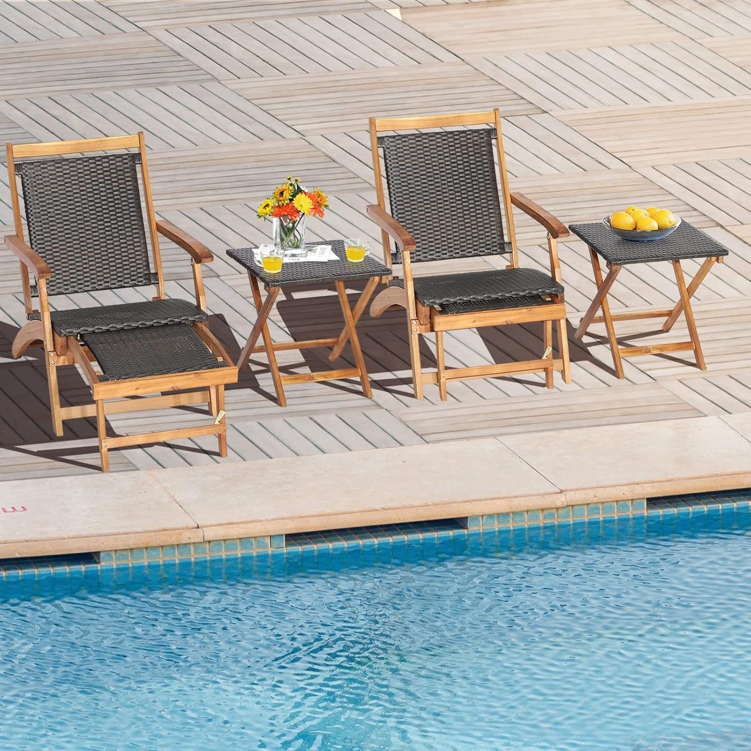 Rattan Sun Lounger Chair Folding Armchair with Footrest & Side Table