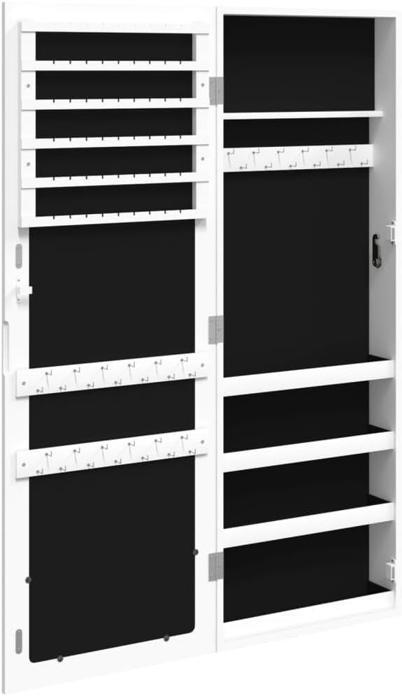Slim Wall Mounted Jewelry Cabinet with Mirror Lockable Storage White