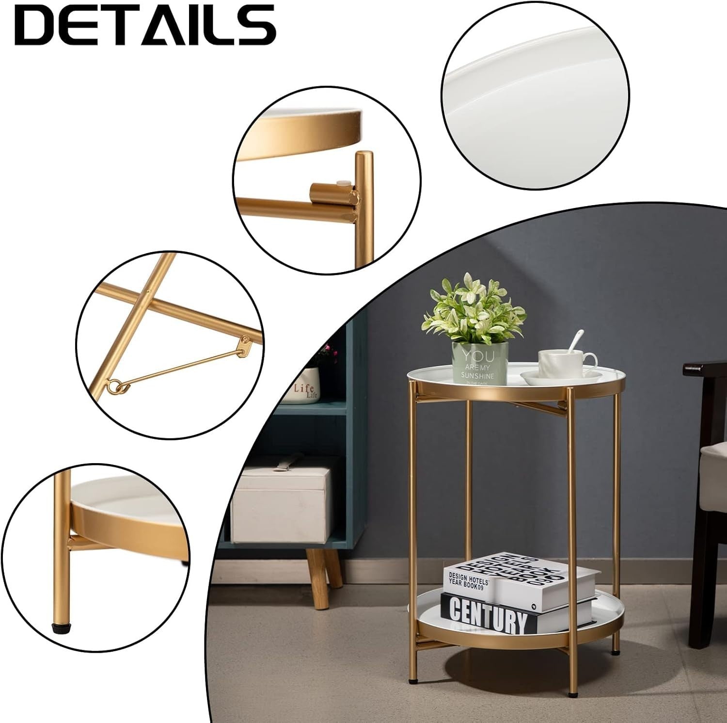 Round Metal Side Table 2 Tier Removable Tray Coffee Table Gold White