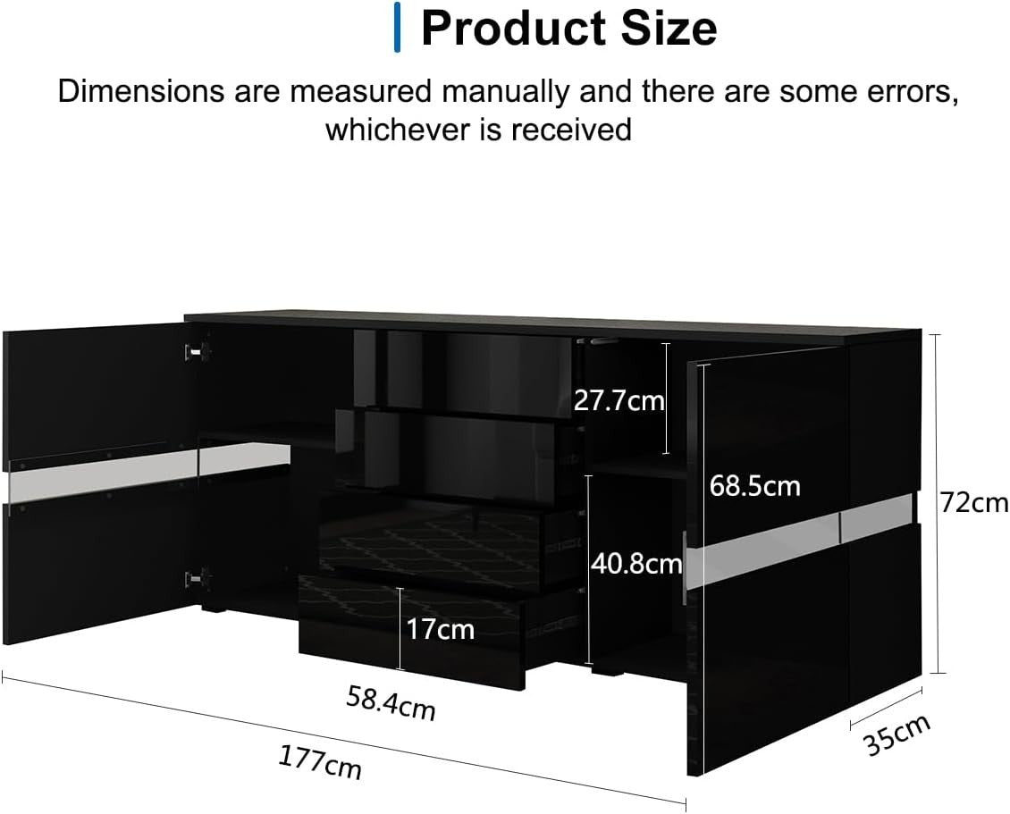 Black LED Sideboard Cabinet High Gloss 2 Door 4 Drawer Storage Unit