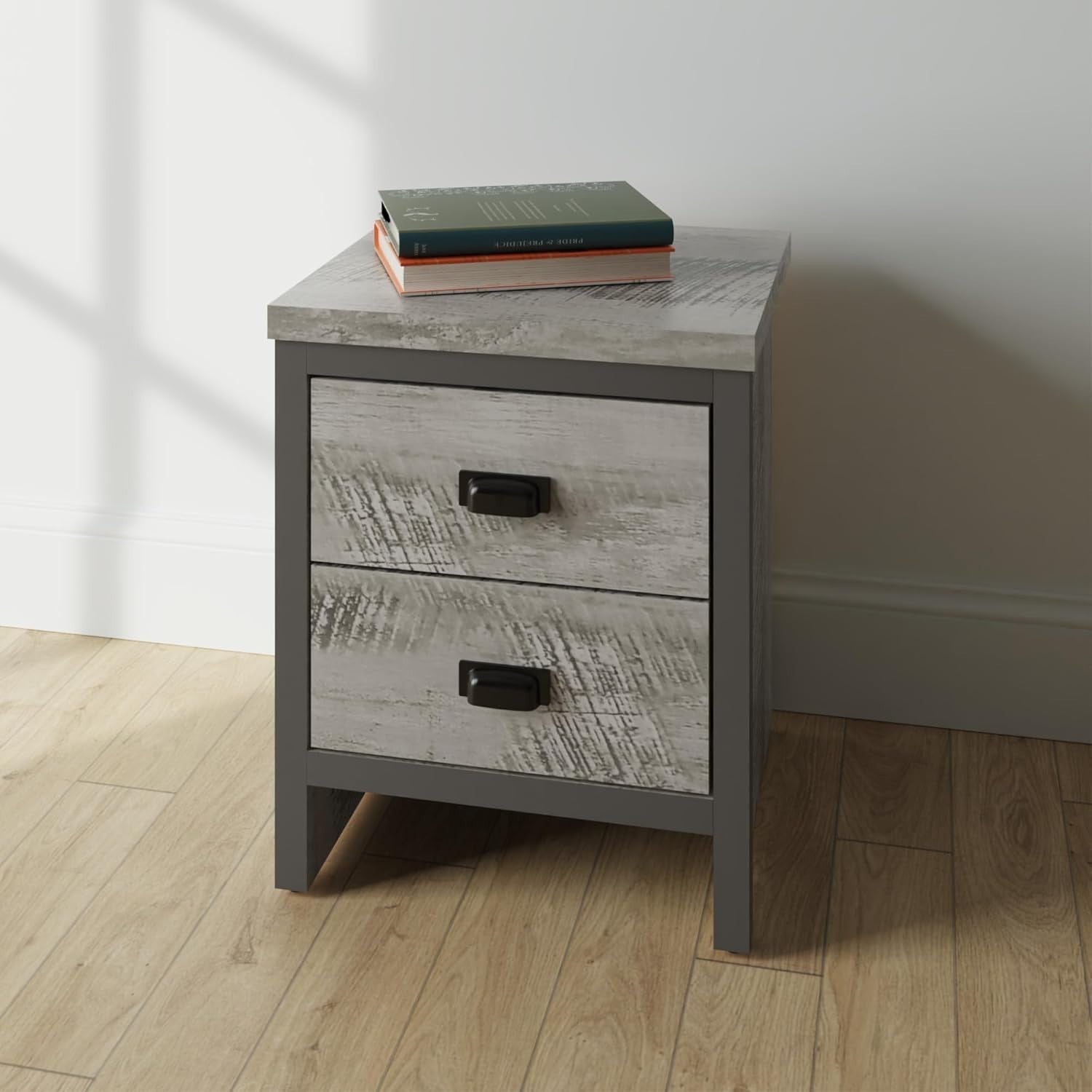 Pair of Grey 2 Drawer Bedside Tables | Modern Wood Nightstands with Shelf