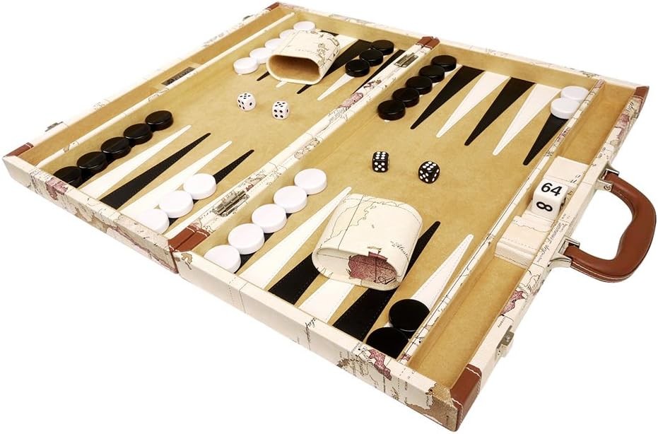 Luxury Backgammon Set 18 Inch Folding Board Travel Case World Map Design