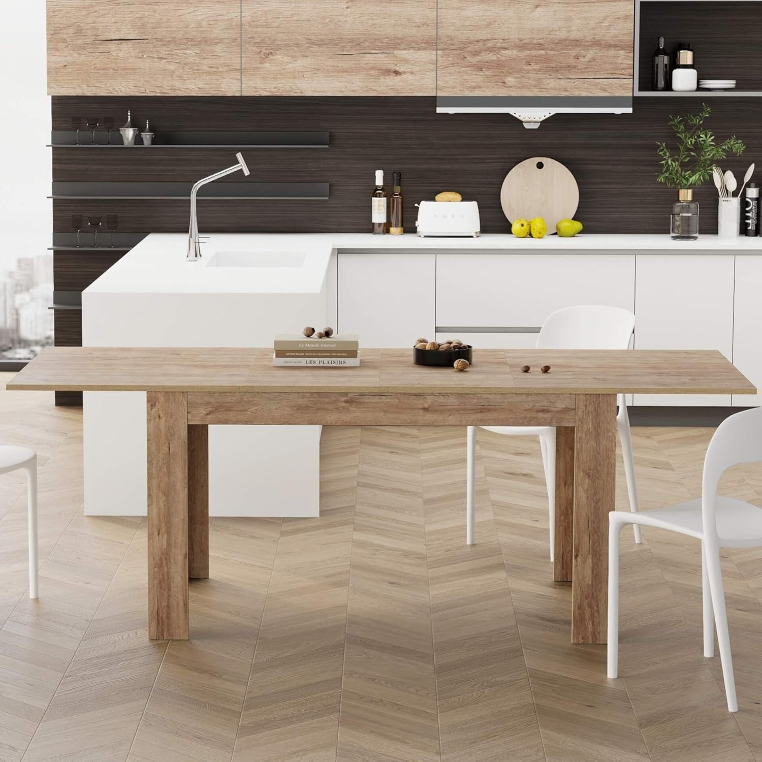 Extendable Dining Table oak 220cm Wood 6–8 Seater Modern Space Saver