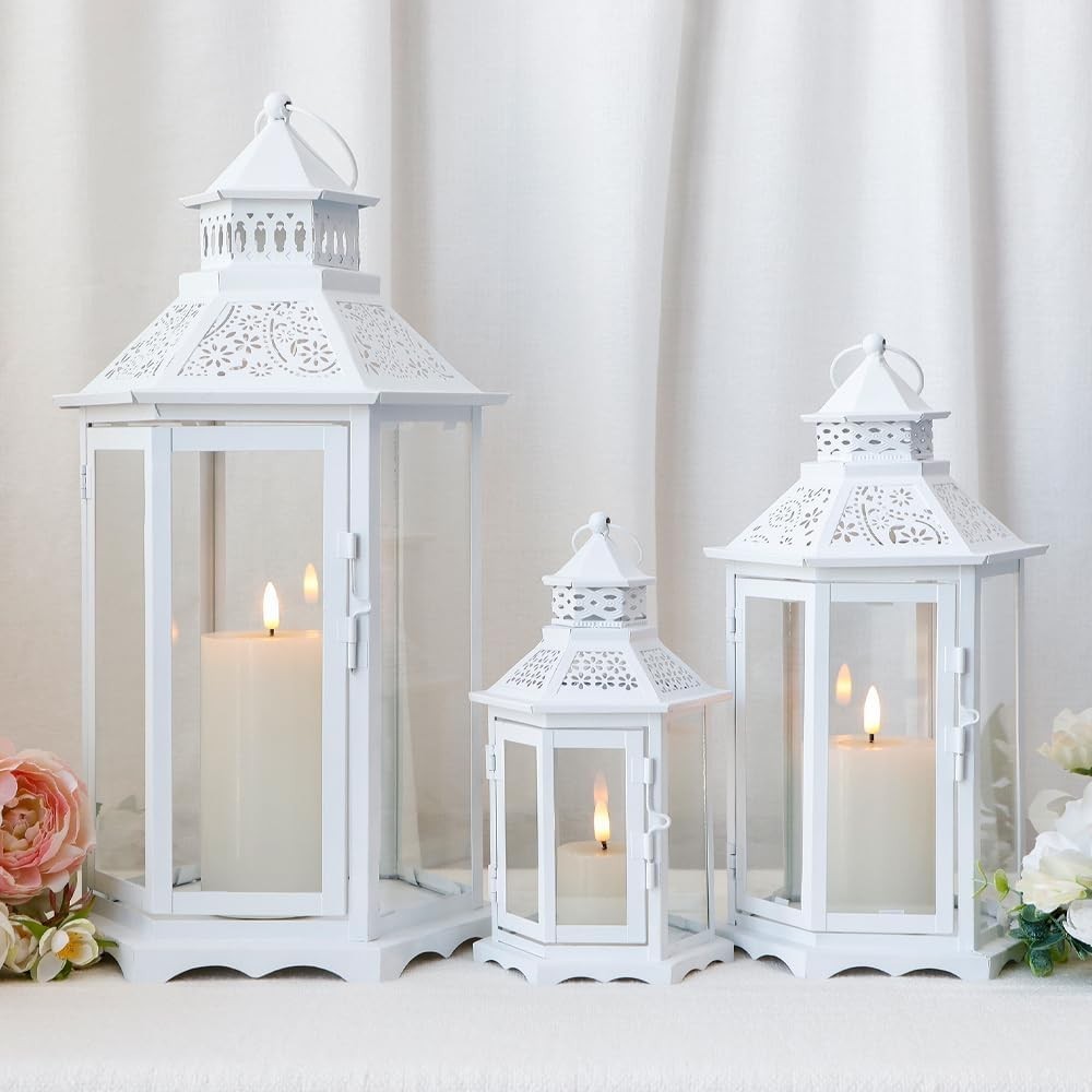 3-Pack White Vintage Metal Candle Lanterns